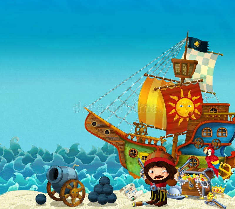 Karikaturszene des Strandes nahe dem Meer oder dem Ozean - Piratenkapitän auf dem Ufer mit Kanone und Schatztruhe - Piratenschiff vektor abbildung Karikaturszene des Strandes nahe dem Meer oder dem Ozean - Piratenkapitän auf dem Ufer mit Kanone und Schatztruhe - Piratenschiff vektor abbildung