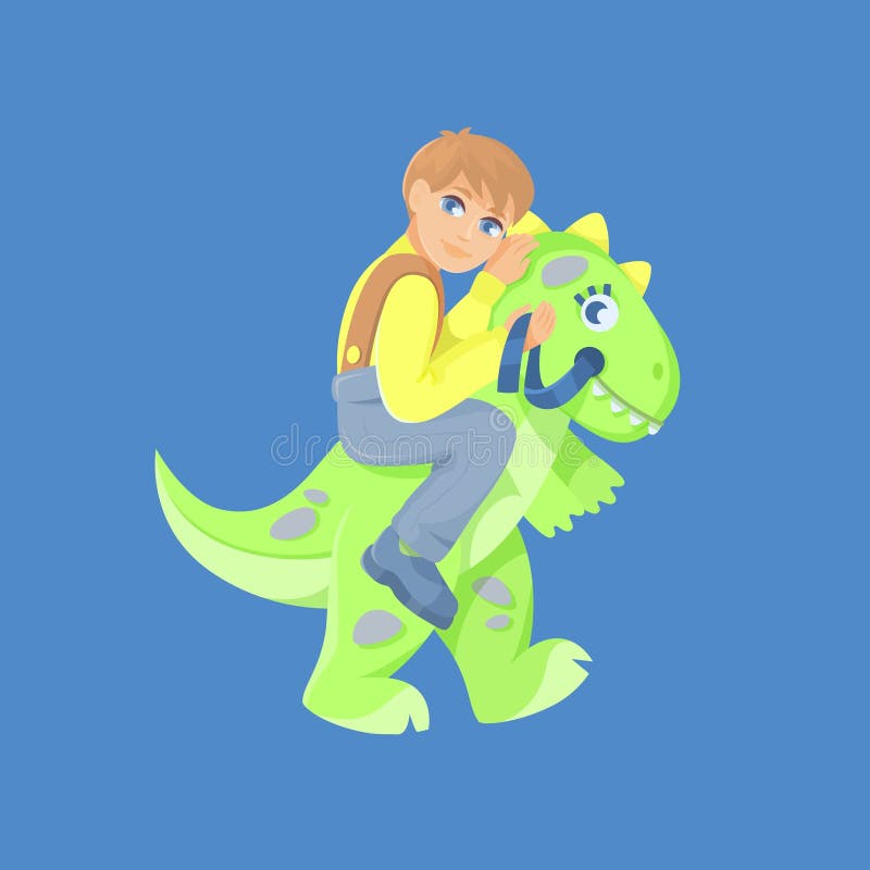 Karikatyr, söt pojke som rider dinosaur, rolig kostym stock illustrationer