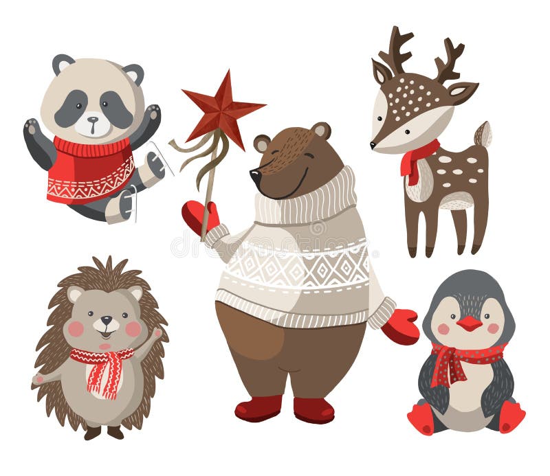 Karikatyrer vintertema panda björnhjort och pingvin. vektor illustrationer