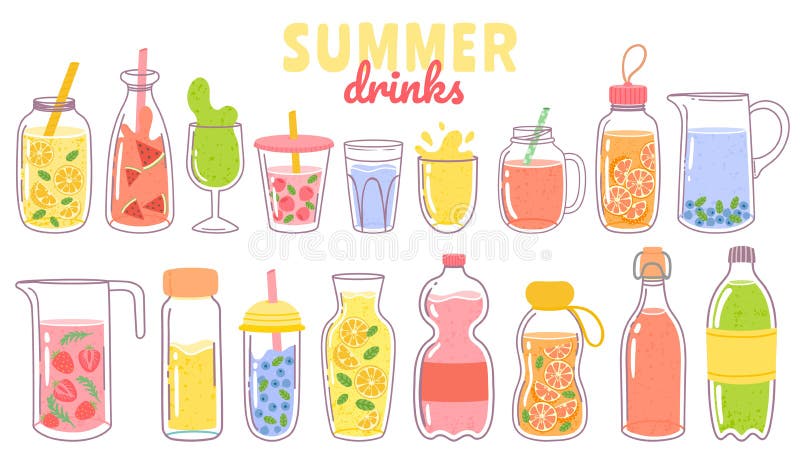 Karikatyrjuice och citonad. Uppfriskande sommardrycker med citron i glasflaska eller jug. Drycker av frukt eller bär och stock illustrationer