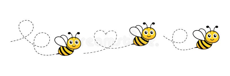 Karikatyrteckning av lyckliga bin. Bin som flyger på prickad ruttsamling.
