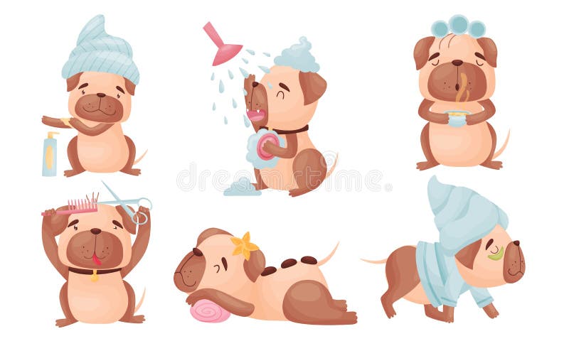 Cartoon Puppy Grooming Himself Cutting His Fur and Having Shower Vector Set. Funny Doggy Applying Body Cream and Doing Stone Massage in Spa Salon. Cartoon Puppy Grooming Himself Cutting His Fur and Having Shower Vector Set. Funny Doggy Applying Body Cream and Doing Stone Massage in Spa Salon