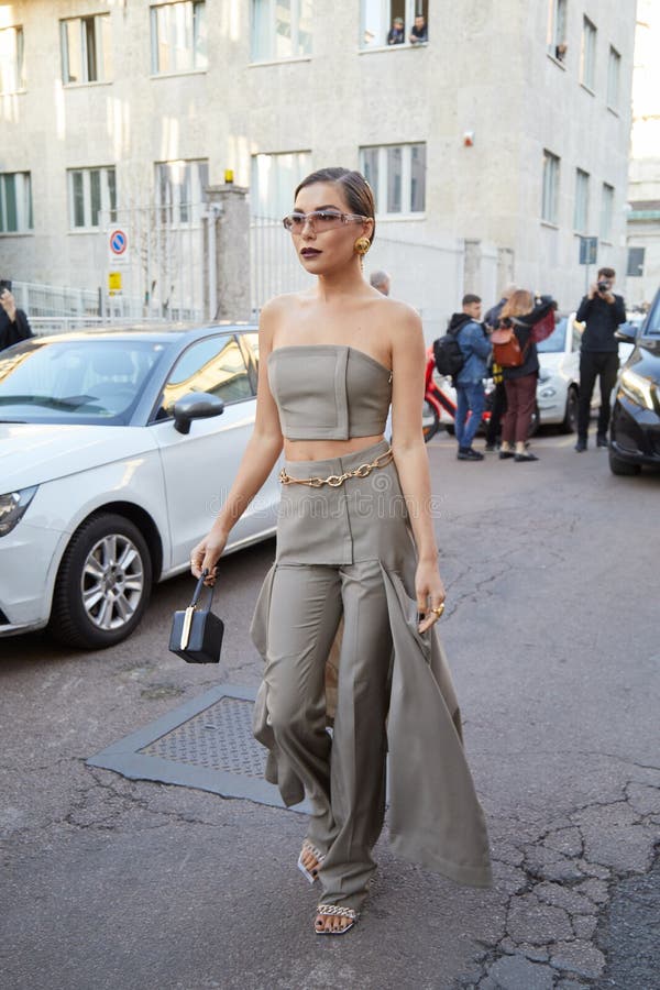 Karina Nigay with Grey Trousers and Top before Alberta Ferretti Fashion ...