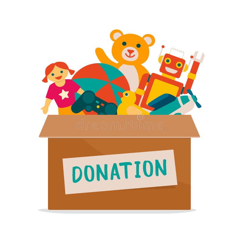 Charitable toys donation for kids: donation box with lots of beautiful toys, solidarity and volunteering concept. Charitable toys donation for kids: donation box with lots of beautiful toys, solidarity and volunteering concept