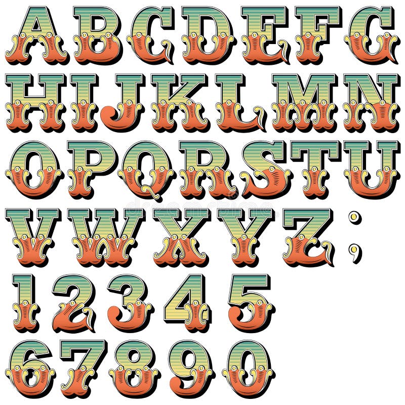 An Alphabet Sit of Carnival, Circus, Funfair, Fishtail Letters and Numbers. An Alphabet Sit of Carnival, Circus, Funfair, Fishtail Letters and Numbers