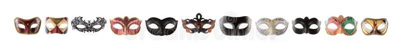 Carnival masks collage isolated on white background, front view. Carnival masks collage isolated on white background, front view