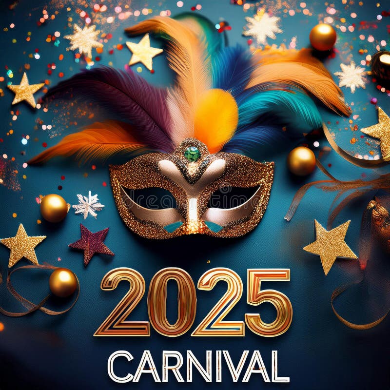 Karneval. Maske 2025. Karnevalsgestaltung für die Feier. Der Karneval vereint Elemente wie Kostümgruppen, die Paraden und Straßenfeiern singen. Februar 2025. Plakatdesign. mit Text-Karneval 2025