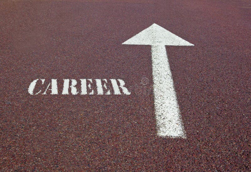 Career written near a white arrow on asphalt showing the direction to find a job. Career written near a white arrow on asphalt showing the direction to find a job