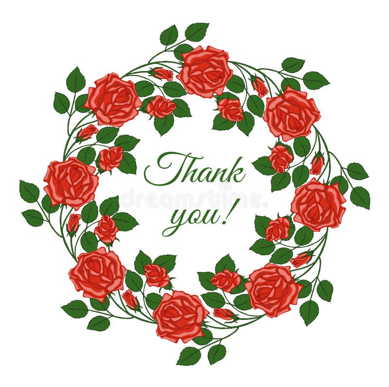 Handwritten text Thank you on a background of a wreath of red roses and rosebuds on the stems with green leaves. Card with words of gratitude in floral frame. Handwritten text Thank you on a background of a wreath of red roses and rosebuds on the stems with green leaves. Card with words of gratitude in floral frame.