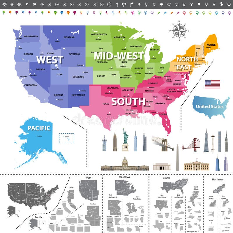 Karte der Vereinigten Staaten von Amerika gefärbt durch Regionen lizenzfreie abbildung Karte der Vereinigten Staaten von Amerika gefärbt durch Regionen lizenzfreie abbildung