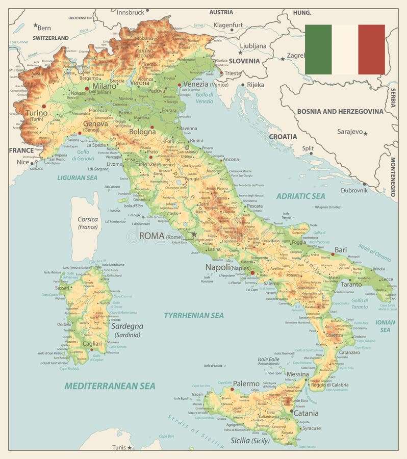 Karte Italiens körperliche Vinatge-Farben vektor abbildung Karte Italiens körperliche Vinatge-Farben vektor abbildung