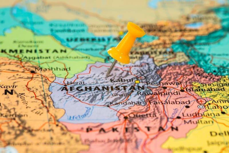 Map of Afghanistan with a pushpin stuck. Map of Afghanistan with a pushpin stuck