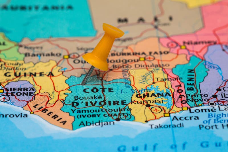 Map of Cote D`ivoire with a pushpin stuck. Map of Cote D`ivoire with a pushpin stuck