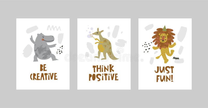 Karten oder Plakate eingestellt mit netten Tieren, Flusspferd, Känguru, Löwe in der Karikaturart stock abbildung Karten oder Plakate eingestellt mit netten Tieren, Flusspferd, Känguru, Löwe in der Karikaturart stock abbildung