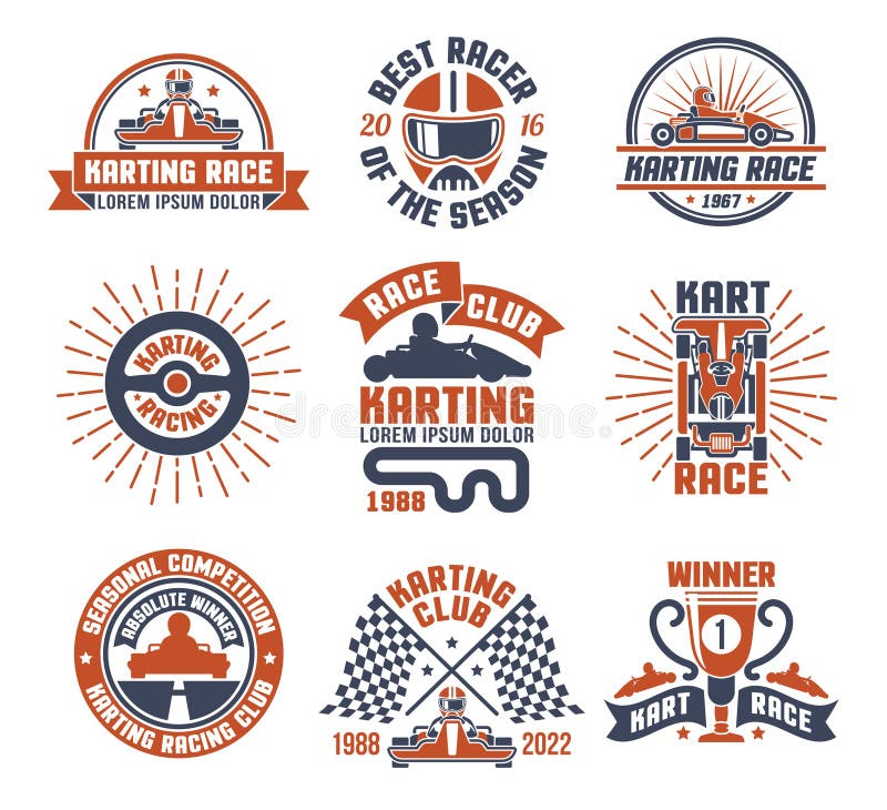 Karting-Bewegungsrennen Logo Emblem Set vektor abbildung Karting-Bewegungsrennen Logo Emblem Set vektor abbildung