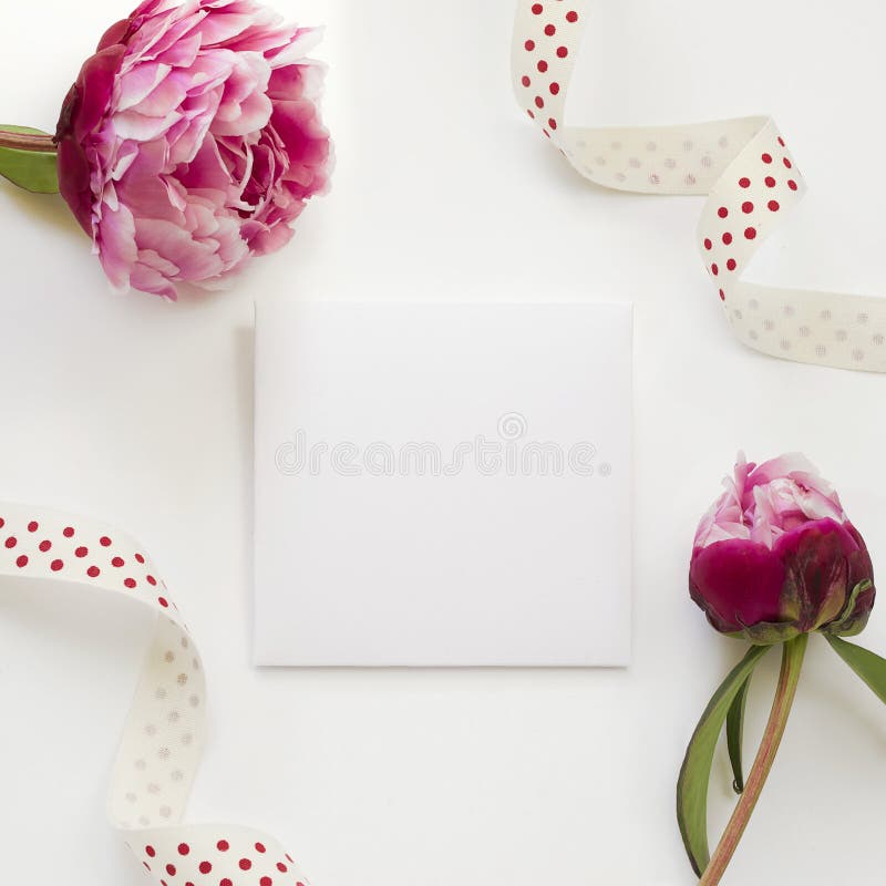 Kartka z pozdrowieniami szablon dekorujący peonia kwiatami i kropka faborkiem fotografia stock Kartka z pozdrowieniami szablon dekorujący peonia kwiatami i kropka faborkiem fotografia stock
