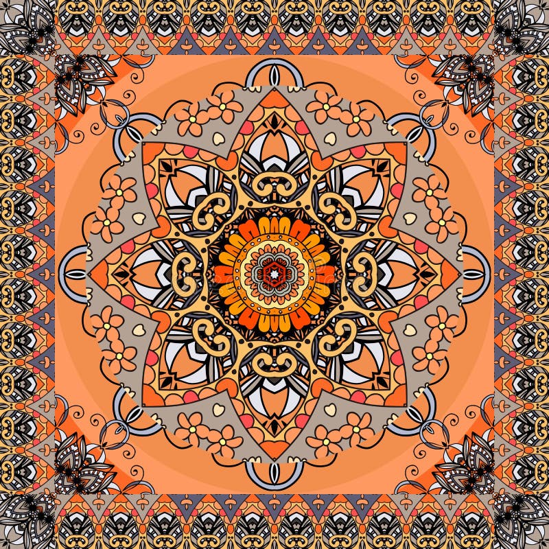 Kartki z pozdrowieniami lub rocznika bandan druk z stylizowany słońca mandala i ornamentacyjna rama na pomarańczowym tle wzór etn ilustracji Kartki z pozdrowieniami lub rocznika bandan druk z stylizowany słońca mandala i ornamentacyjna rama na pomarańczowym tle wzór etn ilustracji