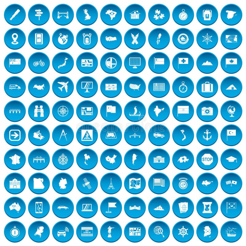 100 cartography icons set in blue circle isolated on white vectr illustration. 100 cartography icons set in blue circle isolated on white vectr illustration