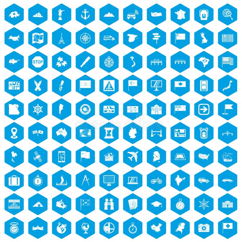 100 cartography icons set in blue hexagon isolated vector illustration. 100 cartography icons set in blue hexagon isolated vector illustration