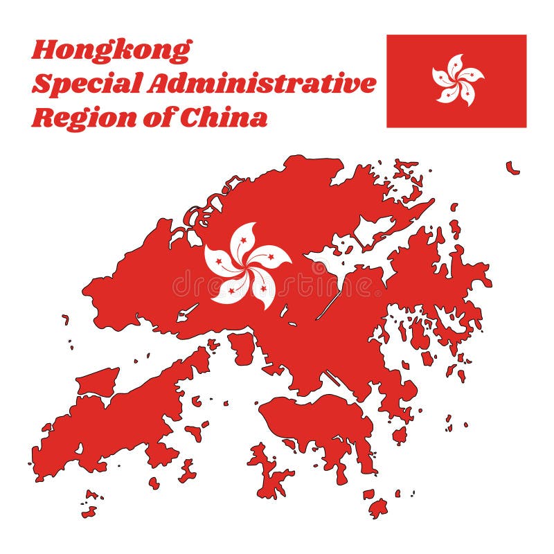 Kartografuje kontur i flaga Hongkong biały, stylizowany, płatka Bauhinia blakeana kwiat w centre czerwony pole royalty ilustracja Kartografuje kontur i flaga Hongkong biały, stylizowany, płatka Bauhinia blakeana kwiat w centre czerwony pole royalty ilustracja