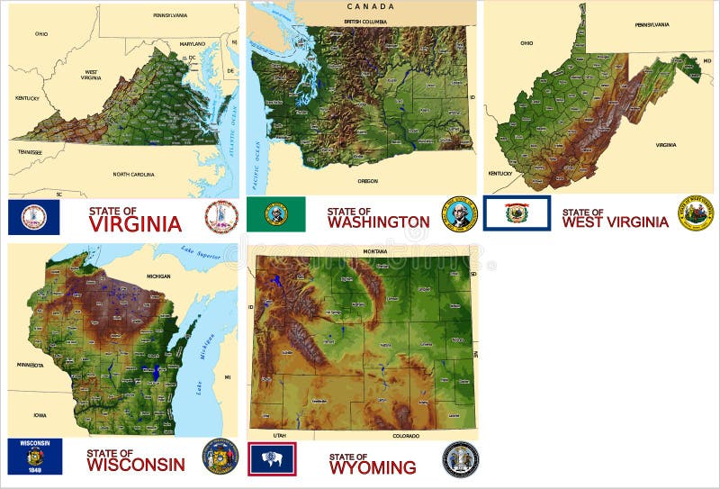 Set of county maps of USA states Virginia,Washington,West Virginia,Wisconsin,Wyoming. Set of county maps of USA states Virginia,Washington,West Virginia,Wisconsin,Wyoming.