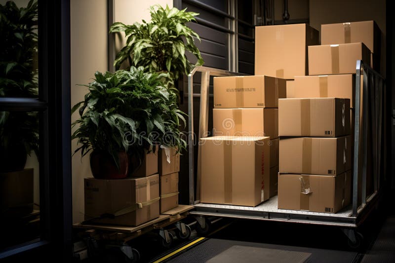Kartonboxen mit Haushaltsartikeln und Anlagen, die in einen Gabelstapler geladen werden. Kartons auf der Palette an einem beweglic stock abbildung