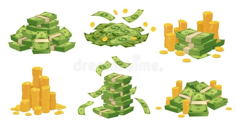 Kartong och mynt Gröna dollarsedlar, guldmynt och illustration av rika vektorer