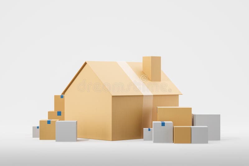 Kartonhaus mit Parzellen auf leerem weißem Hintergrund stock abbildung