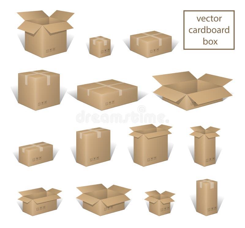 Kartonlevering die open en gesloten doos, met breekbare geplaatste tekens verpakken Bruine doosinzameling, kartoncontainer vector illustratie Kartonlevering die open en gesloten doos, met breekbare geplaatste tekens verpakken Bruine doosinzameling, kartoncontainer vector illustratie