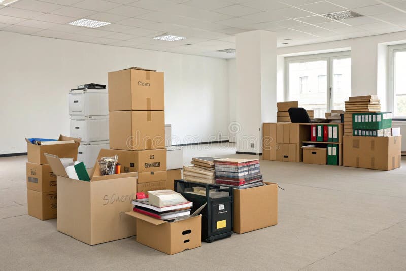 Kartons mit Stoff im leeren Raum. Konzept für den Bürowechsel vektor abbildung