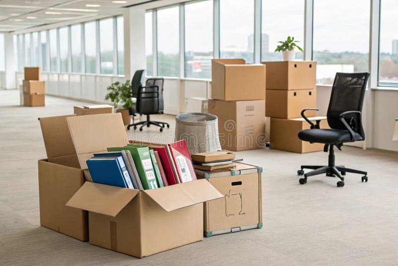 Kartons mit Stoff im leeren Raum. Konzept für den Bürowechsel stock abbildung