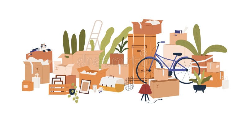 In Kartons verpackte Sachen. persönliche Sachen in Kartons stapeln für Umzug in neues Haus. Haufen vektor abbildung