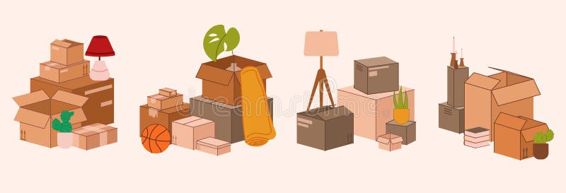 Kartonstapel. Wohnungsverlegung. Kartonbehälter. Karton. Versandverpackung. Paket lizenzfreie abbildung