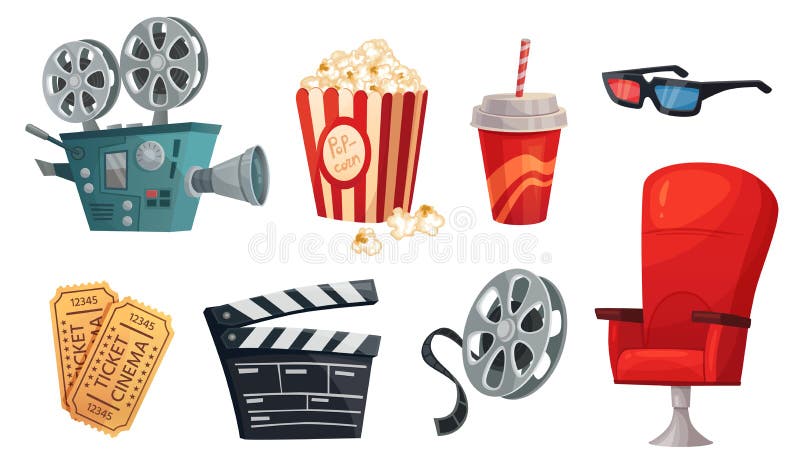 Kartoon biografelement Demonstrationsfilm, filmfilm, filmklipp och vektor för filmkameror