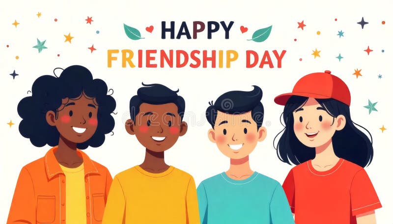 Kartoon Diverse Children som firar God Friendship Day med Star Decoration stock illustrationer