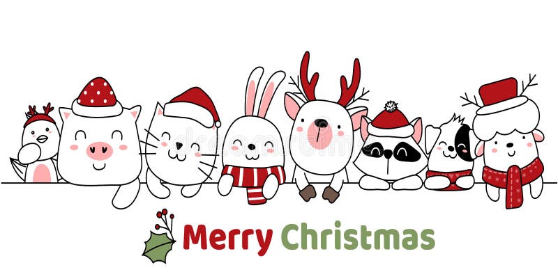 Kartoon, handritad stil med merry christmas-kort stock illustrationer