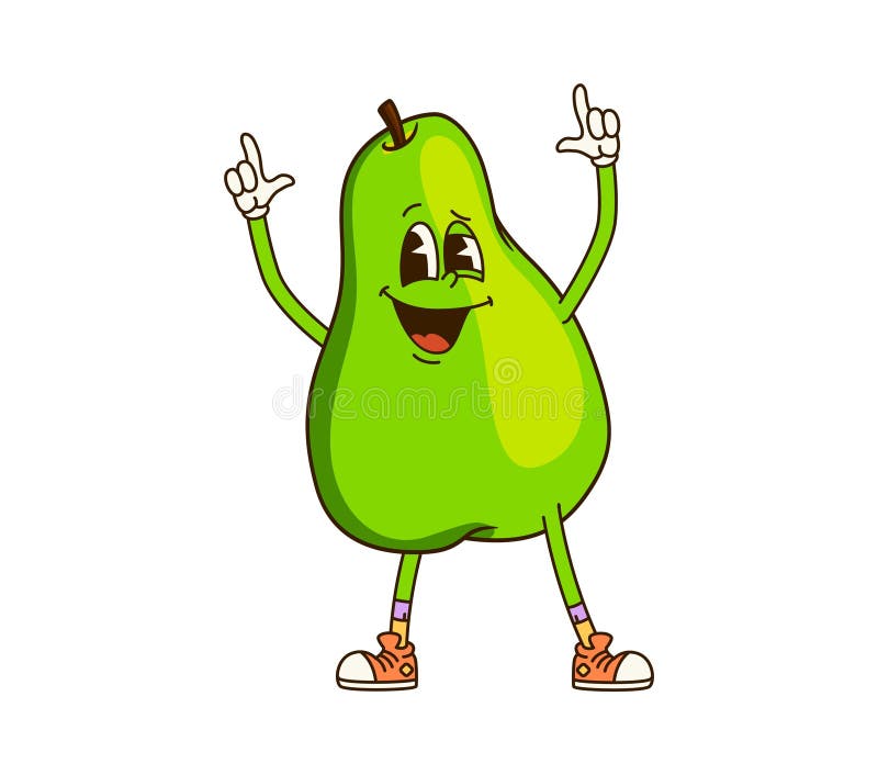 Kartoon retro groovy green pear-frukttecken vektor illustrationer