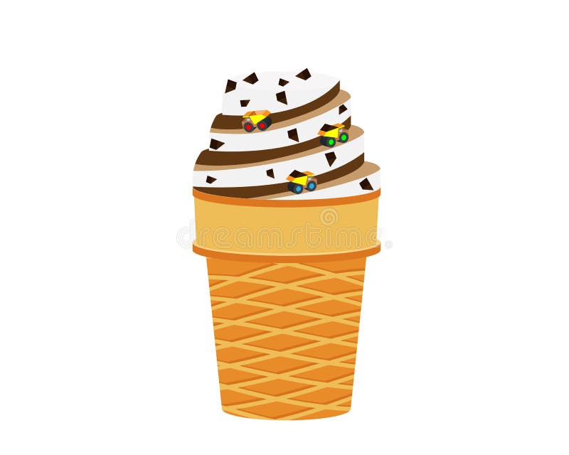 Kartoonbild av processen att tillverka glass Lastbilar bär choklad för glass i ett glas Vektorillustration stock illustrationer