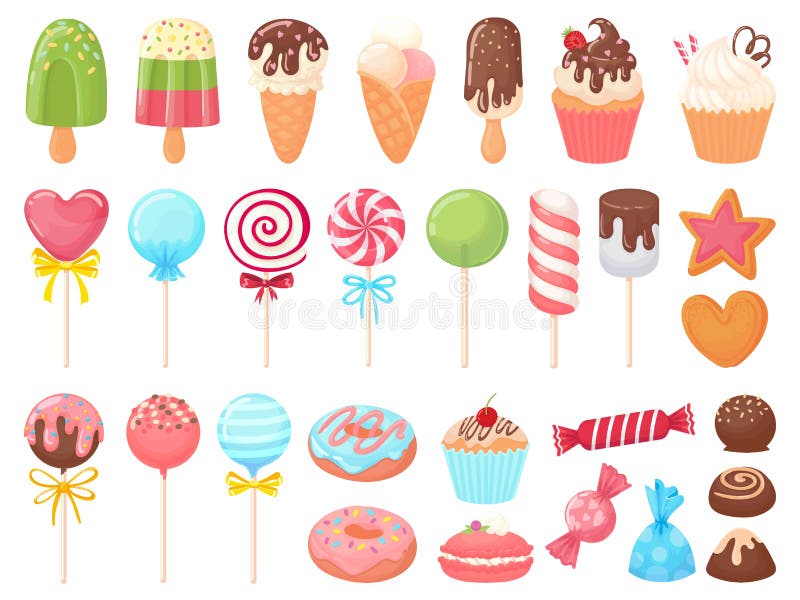 Kartoongodis Glass, cupcakes och chokladmaterier Mjukt nöt, kakor och godis på styrvektor royaltyfri illustrationer