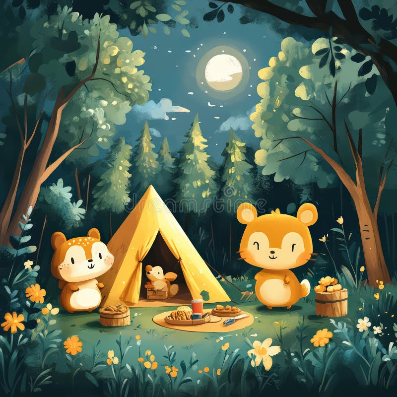 Kartoonstilillustration av en campingplats med en tonerpicknick och vänliga djur i en skog. royaltyfri illustrationer
