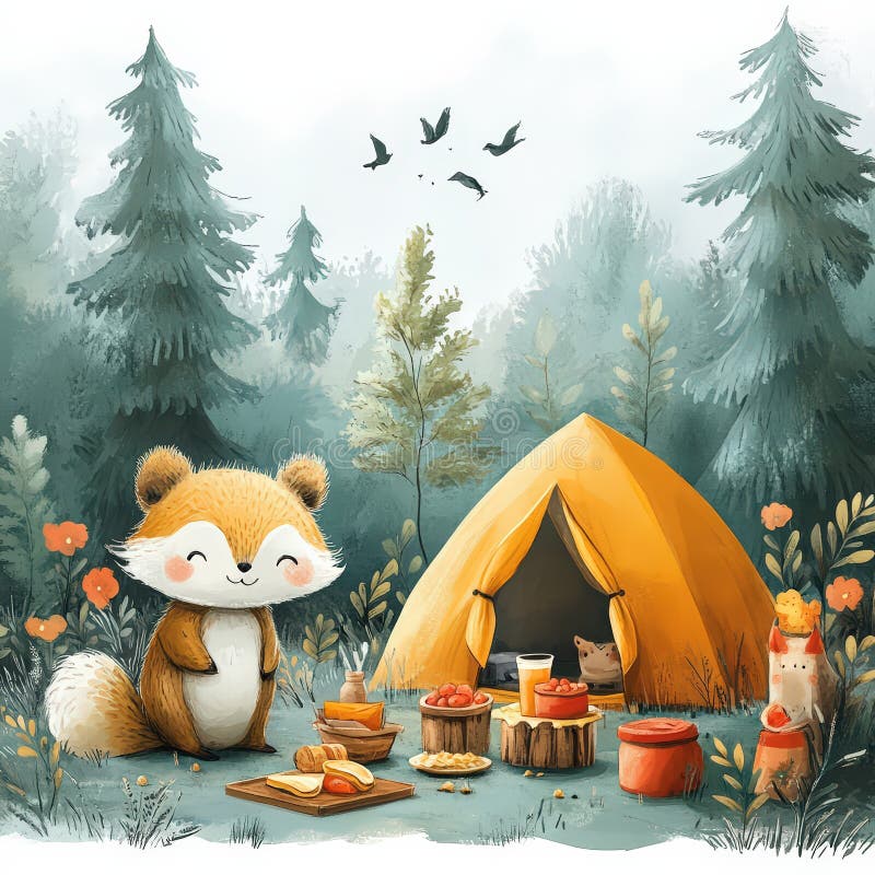 Kartoonstilillustration av en campingplats med en tonerpicknick och vänliga djur i en skog. vektor illustrationer