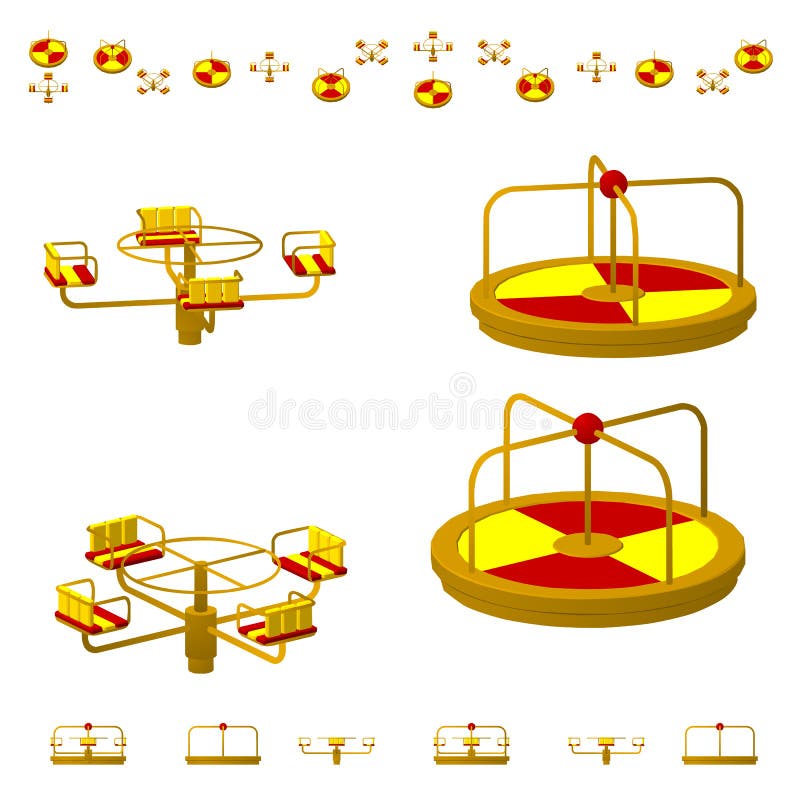 Children`s Carousel or roundabout in different projections from different angles, isometric, flat, isolated on white background. Children`s Carousel or roundabout in different projections from different angles, isometric, flat, isolated on white background.