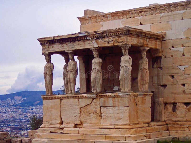 Six figures of the Caryatid Porch of the Erechtheion on the Acropolis at Athens.One of those original six figures, removed by Lord Elgin in the early 19th century, is now in the British Museum in London. The Acropolis Museum holds the other five figures, which are replaced onsite by replicas. The five originals that are in the Acropolis Museum. Six figures of the Caryatid Porch of the Erechtheion on the Acropolis at Athens.One of those original six figures, removed by Lord Elgin in the early 19th century, is now in the British Museum in London. The Acropolis Museum holds the other five figures, which are replaced onsite by replicas. The five originals that are in the Acropolis Museum.