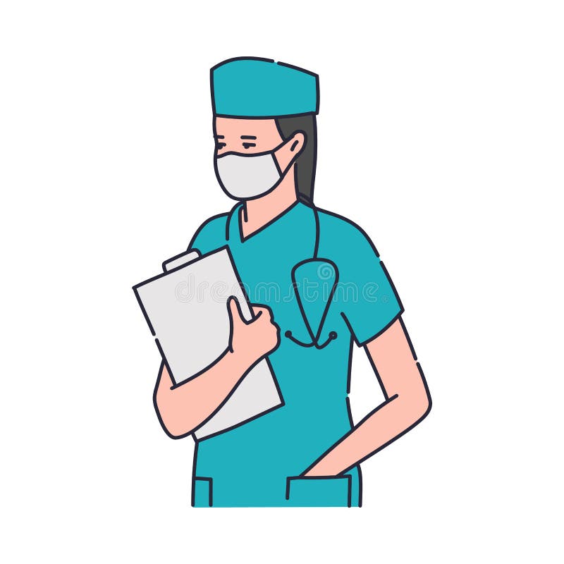 Cartoon nurse in blue surgeon doctor scrubs and protective mask holding medical clipboard. Flat isolated vector illustration of hospital worker with stethoscope and uniform. Cartoon nurse in blue surgeon doctor scrubs and protective mask holding medical clipboard. Flat isolated vector illustration of hospital worker with stethoscope and uniform.