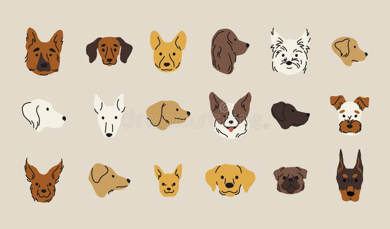 Karykaturalne głowy psów. śmieszne puppy twarz ikony słodkie zwierzęta domowe różne rasy głowy śmieszne psie twarz maskotka. wekto ilustracji