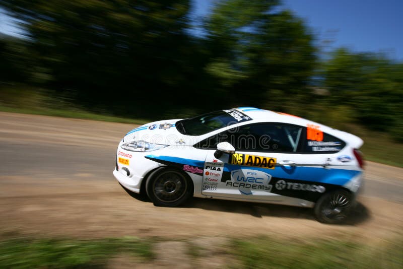 WRC Academy driver Miko-Ove Niinemae and his codriver Timo Kasesalu in their Ford Fiesta R2 at the shakedown of the WRC ADAC Deutschland Rally 2011. WRC Academy driver Miko-Ove Niinemae and his codriver Timo Kasesalu in their Ford Fiesta R2 at the shakedown of the WRC ADAC Deutschland Rally 2011