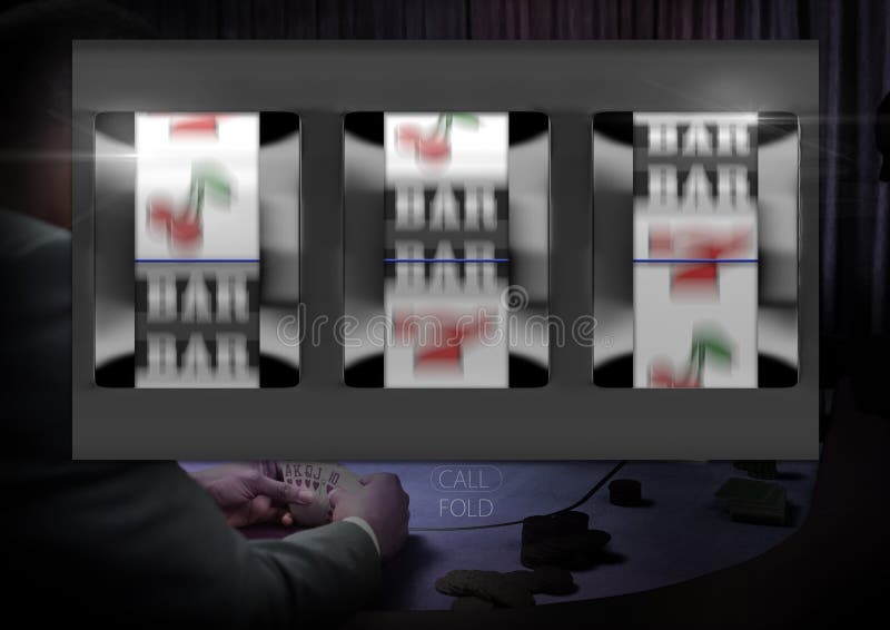 Kasinoenarmad bandit framme av mannen som spelar att spela för kort vektor illustrationer Kasinoenarmad bandit framme av mannen som spelar att spela för kort vektor illustrationer