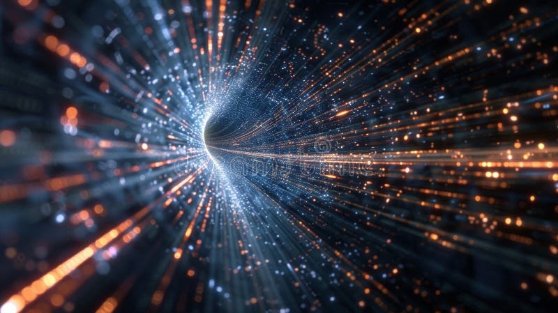 Kaskadierung von Lichtlinien, die den Informationsfluss durch das Neutrino-Kommunikationsnetz darstellen und sich über das Netzwer lizenzfreies stockfoto
