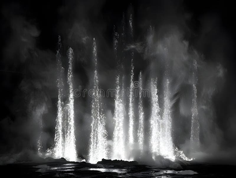 Kaskadowe kolumny intensywnego ognia rzucające blask na monochromatyczny krajobraz ilustracji