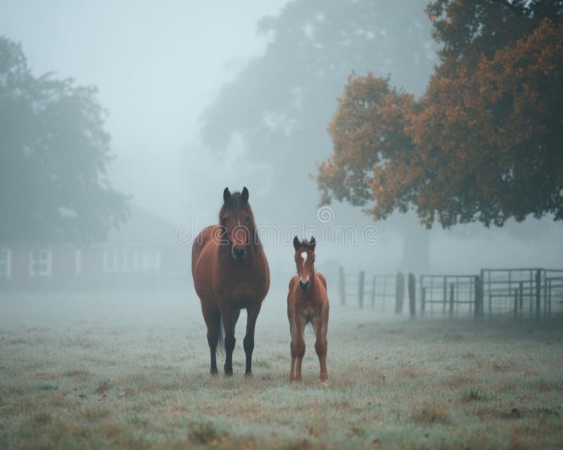 Kastanienmare und Fohlen in misty Herbstfeld stock abbildung